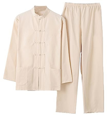 Chinois Traditionnel Manches Longues Tang Costume Kung Fu Uniforme Chemise pour Hommes Kung Fu Veste Pantalon, Coton Pur Tai Chi Uniforme, Hanfu Kung Fu Wing Chun Ch Beige-XL