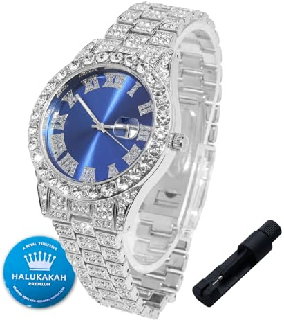 Halukakah Diamanten Gold Uhr für Jungen - 18K Echtgold/Platin Platiniert,42mm Blaues/Grünes/Rotes Zifferblatt,Japanisches Quarzwerk - 20cm Länge- Optional mit Cuban Gliederkette,mit Anpassungswerkzeug