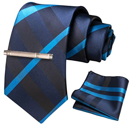JEMYGINS Krawatte Herren Gestreifte Karierte Krawatte Inklusive Einstecktuch Krawattenklammer Set Marineblau kariert 56