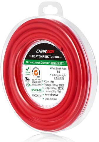 Chanzon 2:1 Ratio 3/16 (5mm) Heat Shrink Tubing 8Ft Roll (2.5M Total Length) Red Polyolefin Sleeving Wrap Shrinking 2 to 1 1pcs