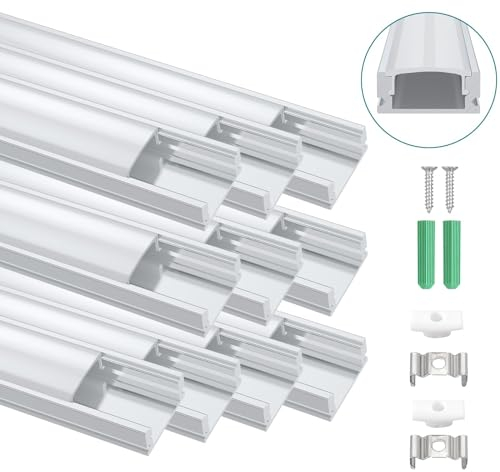 ALLmeter 10 Pack U-Shape Aluminium Led Strip Diffuser Profile 1m/3.3ft Led Diffuser Led Profile Channel for 10mm 5050/5630 Led Strip Lights with Milky White Cover End Caps and Mounting Clips