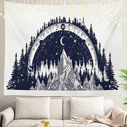 Shrahala Schwarz und Weiß Antiker Berg Wandteppich, Kompass Wandbehang Großer Wandteppich Dekoration Polyesterfaser Weißer Saum rund für Schlafsaal Zimmer Schlafzimmer 130 x 150 cm