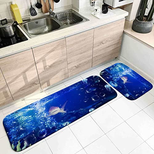 Banemi Tür Teppich, Teppich Küche Vintage Dunkelblau Unterwasserwelt Haifisch Muster 40X60cm+40X120cm Heimtextilien