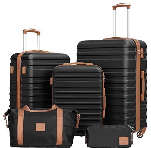 Coolife Suitcase Set 3 Piece Luggage Set Carry On Hardside Luggage with TSA Lock Spinner Wheels (Black, 5 piece set)