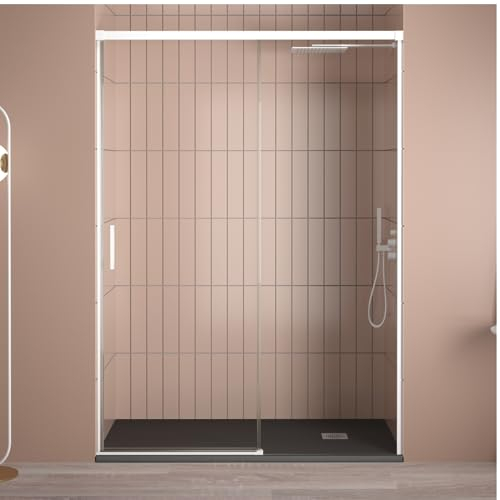 Mampara Ducha Frontal Corredera 1 Puerta Corredera 1 fijo | Cristal templado 6mm Antical Transparente | Altura 195cm | Perfilería Blanco Mate | 130cm (Adaptable 124-129cm)