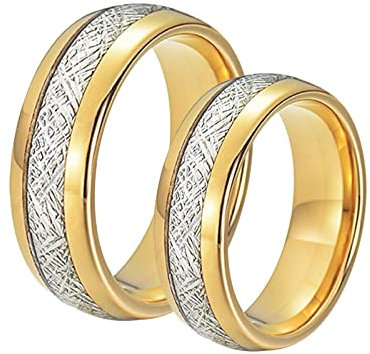 Dsnyu Verlobungsring Männer, Polierte Kante Eheringe Modern 8MM, Wolframcarbid Gold Partnerringe Damen Verlobung Geschenk Damen GR. 65 (20.7) + Herren GR. 60 (19.1)