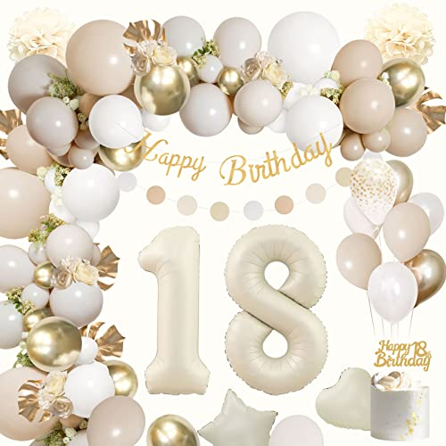 Deko 18. Geburtstag Mädchen,AivaToba Deko 18 Geburtstag Beige Gold Weiß luftballons 18. Jahre,Happy Birthday Banner Birthday Decorations 18 Geburtstagsdeko Mädchen Luftballon Girlande Party Deko