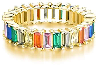 18K Funkelnder Rainbow Baguette Ring aus 925 Sterling Silber mit Bunten Regenbogen Steinen - Damen Ringe Eternity Ewigkeit Schmuck in Juwelierqualität (Gold, 52)