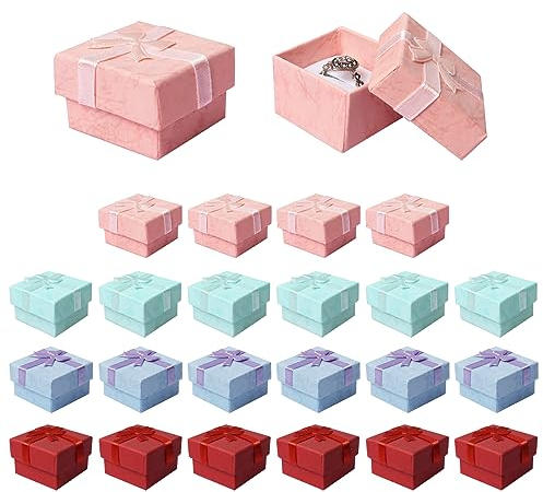 24 Stück Geschenkbox Schmuck, 4× 4× 2.6cm Geschenkbox Klein mit Deckel für Schmuck, Ringe Geschenkschachtel mit Schleife(4 Farben)