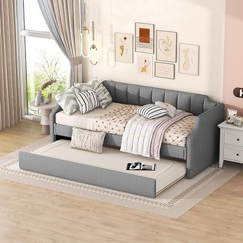 Einzelbetten Tagesbetten Polsterbetten mit Rollcontainer für bis zu Zwei Personen Kopf- und Fußteil gepolstert Rückenlehne gepolstert Gästebett 90 * 200cm (Gray)