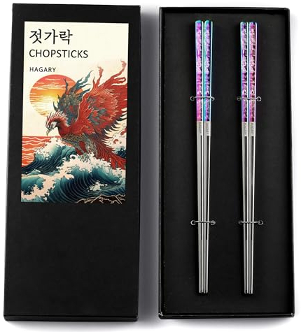 Phoenix Essstäbchen aus Metall, wiederverwendbar, entworfen im koreanischen japanischen Stil, Edelstahl, 316 18/10, rutschfest, spülmaschinenfest, lasergeätzt (Regenbogen - 2 Paar)