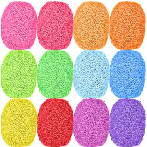 Threlaco 12 Skeins Scrubby Yarn Bundle 100% Polyester Color Yarn, 122 Yards /1.8oz(50g) Each, Crochet Yarn for Dishcloths, Crochet and Knitting Supplies, Quick Dry Polyester Yarn Kit, 12 Colors