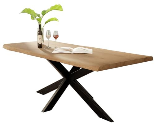 Liadomo Esstisch 160x85 Diala Natur, Baumkantentisch, Baumkante, Akazie Massivholz Tisch, 35 mm Tischplatte lackiert, Robust & Pflegeleicht, Unikat, Spider-Gestell Metall schwarz