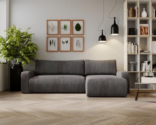 Kaiser Möbel, Ecksofa mit schlaffunktion, mit Bettkasten, Schlafsofa Argon, Designer Sofa, Modern Design Couch, Polsterecke, Freistehend, Zoom Stoff- Dicker Cord Dunkelgrau Ottomane Rechts