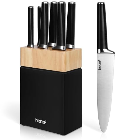 hecef Messerset mit Messerblock 7-teilig, Schwarz – Geschmiedete Edelstahl Küchenmesser, Vollerl-Griff mit Double Bolster, ergonomisch, Red Dot Design Award, platzsparend, Geschenkidee für Küche