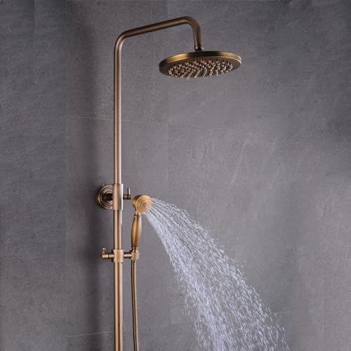 Juego de ducha de lluvia para baño con alcachofa de ducha nostálgica con ducha de mano, sistema de ducha retro, dorado, cobre antiguo, acero inoxidable, juego de ducha redondo, cabezal de ducha de