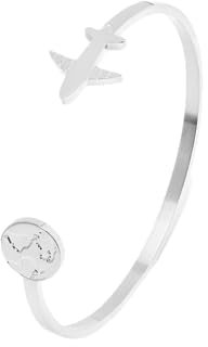 Elegantes Edelstahl Armband mit Flugzeug und Weltkarte - Verstellbares Starres Design - Geschenk für Reisende - Modell Hanoi (Silber Satiniert)