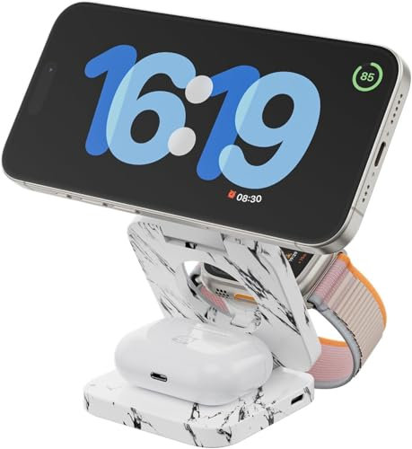 KU XIU Cargador inalámbrico, Plegable 3 en 1 Magnético Cargador Compatible con iPhone 17/16/15/14/13/12 Pro/Plus/Pro Max, Cargador rápido de 5W para Apple Watch 9/8/7/6/5/4/3/2/SE, para Airpods3/2/Pro
