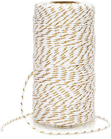 KINGLAKE 2mm White Cotton String Twine with Gold String, 100m Christmas String for Gift Wrapping, Glitter Metallic Cotton Bakers Twine Bauble String for Crafts Xmas Decoration Gardening