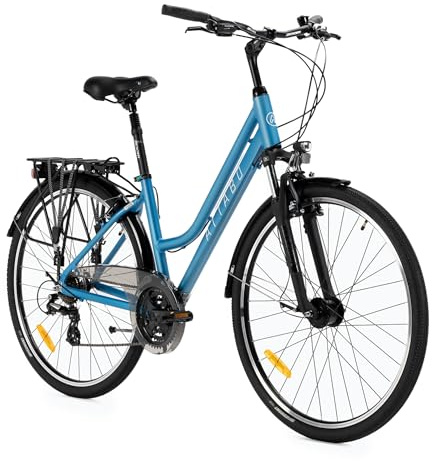 ATTABO Trekking Fahrrad Damen mit 17-19 Rahmen Ergonomischer Lenker V-Brake Bremsen Strapazierfähiges weißes Fahrrad mit 28 Rädern mit niedrigem Heckgepäckträger Fahrradklingel und Reflektoren