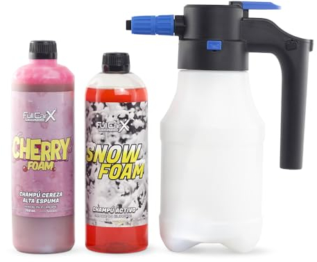 FULLCARX Kit Shampoing avec Pulvérisateur à Pression Électrique, Shampooing Mousse Active Snow Foam pH Neutre, Savon Rose Cherry, Lavage Extérieur Voiture Produit Nettoyage Detailing Professionnel