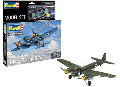 Revell Model Set 64972 Junkers Ju88 A-1 Battle of Britain 1:72 Scale Unbuilt/Unpainted Plastic Model Kit with Accessories
