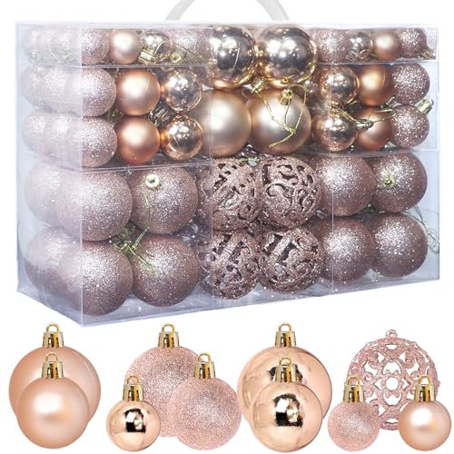 ZFYQ 100Pcs Christmas Baubles, Set of Decorative Hanging Balls for Holiday Christmas Tree Decorations, Rose Gold