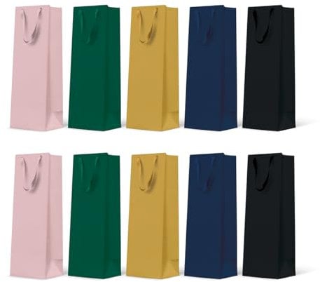 PAW - Bolsas de regalo de 37 x 12 x 10 cm - Paquete de 10 bolsas para botellas de vino con asa de tela | Mezcla de 5 colores lisos | Elegantes bolsas para vino, champán, cumpleaños, bodas, fiestas y