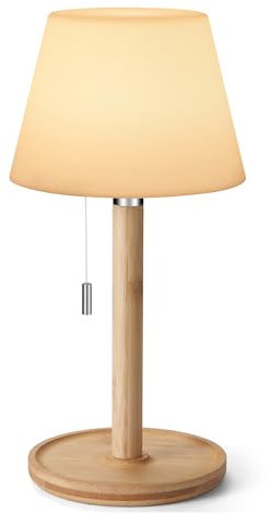 Akku Aufladbar Tischlampe für Draussen Wasserdicht, Kleine Tragbare Kabellose Tischleuchte mit Zugschalter 3 Beleuchtung Dim, Nachtlampe für Badezimmer Dusche Patio Restaurant Wohnzimmer, Holzfuß