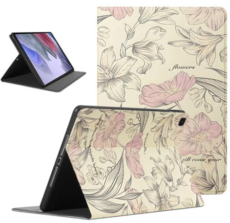 Kueqeay Custodia per Samsung Galaxy Tab A7 Lite 8,7 Zoll 2021 (SM-T220/T225), Aesthetic Fiori Motivo Disegno Flip Cover in pelle PU con Supporto Funzione TPU Antiurto Tablet Case in Silicone, Beige