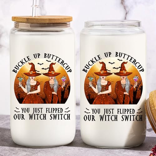 KEMEILA Vasos de vidrio personalizados de Halloween de 16 onzas, taza mágica de bruja, taza de café helado de calabaza con tapas y popote para cócteles de Halloween, whisky, cerveza, refrescos,