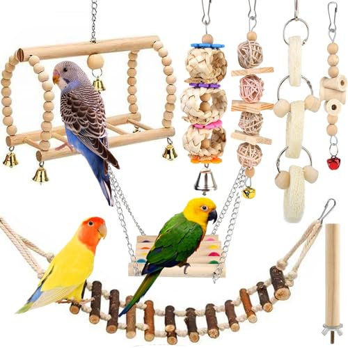 8-teiliges Vogelspielzeug Set, Papageienspielzeug, Naturholz Kauspielzeug für Käfig und Training, geeignet für Wellensittiche, Conures und Lovebirds