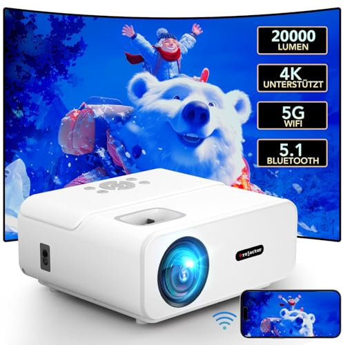 Beamer, Full HD 1080P Beamer 20000 Lumen Beamer 4K Unterstützt, 5G/2.4G Dual WiFi Bluetooth Beamer, Mini LED Heimkino Video Beamer Tragbarer Projektor 4K Kompatibel mit Smartphone/TV Stick/HDMI/PS5