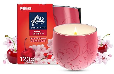 Glade Jar Candle, Scented Candle Infused with Essential Oils, Up to 31 Hour Burn Time, Floral Cherries, 120g