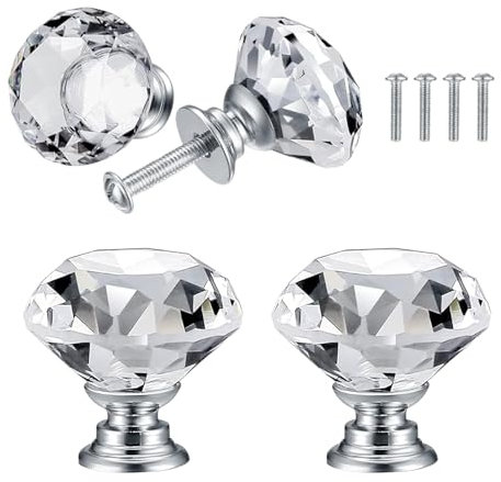 QUIIEOSKIA 4 Stück Möbelknöpfe Kristall, Griffe Möbel Kristall, Schubladengriffe Sristall, Garderobe Ziehgriffe Möbelgriff Griffe Knöpfe - 30mm