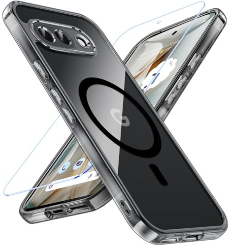 OWKEY Magnetisch für Google Pixel 9A Hülle mit Schutz Glas, Schwarz | Kompatibel mit MagSafe, Dünn Militärschutz Schutzhülle Case, Anti-Fingerabdruck Transparent Rückseite Handyhülle