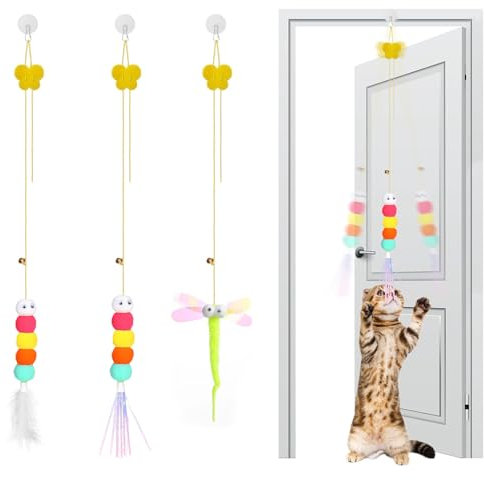 LTMMC 3 Pcs Hanging Door Cat Toys, Interactive Cat Door Toy with Feather Teaser & Retractable Spring for Indoor Cats, Kitten Climber Toys with Bell, Self-Play Cats Teaser Toy for Hunting & Exercising