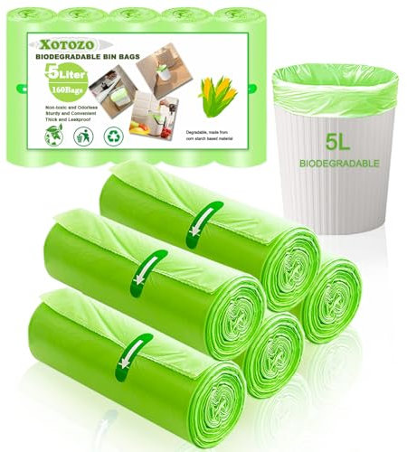 5 Litre Bin Liners 160 Bags, Biodegradable Food Waste Garbage Bags, 5L Strong Compostable Trash Caddy Liners, Recycling Degradable Rubbish Bag for Kitchen Bathroom Garden Office, Green, 40 x 45cm