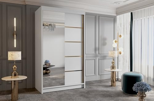 Gaba furniture Gold Series 100 cm Sliding Door White Wardrobe with Mirror Widths 100/120/150/180/200/250 cm Furniture for Bedroom Living Room Wardrobe with Hanging Rail