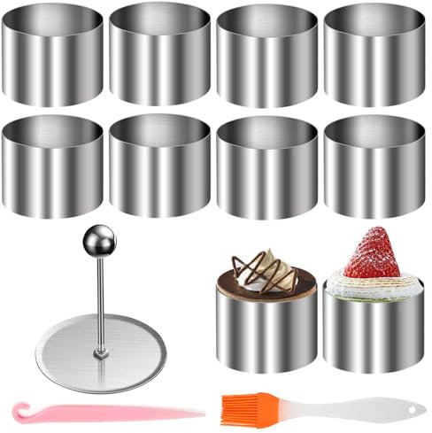 Dessertringe - 10 Stück Speiseringe, 8cm Backringe, Runde Mousseringe Servierringe Edelstahl Set mit Heber und Stampfer, Kleine Backringe Tortenring, für DIY Mousse Torte Nachspeise Biskuitausstechfor