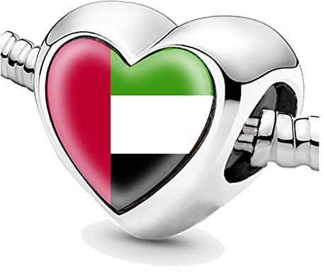Jycycem United Arab Emirates Flag Heart Beads for Bracelets Jewelry Making DIY Silver Charms for Women