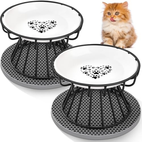 Otauoaea Set de 2 Comedero Gato Elevado, Plato Gato Plano de Cerámica con Soporte y Alfombrilla Antideslizante, Cuenco para Gatos Que Alivia la Fatiga de los Bigotes (A-Negro)