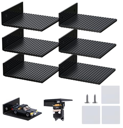 6-Pack Acrylic Floating Shelves for Wall Compatible with Lego Building Bricks, 5.3x5.1inch Dual‑Sided 16x16 Studs for Toy Brick Storage and Display, Clear PMMA Display Shelves for Room Decor,Black