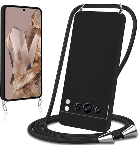 Knrlqim Coque avec Cordon pour Google Pixel 8 Pro 5G Collier Lanière Silicone Liquide Bumper Housse Réglable Téléphone Étui Portable Lanyard Case Cover Protection pour Google Pixel 8 Pro 5G 6,7,Noir