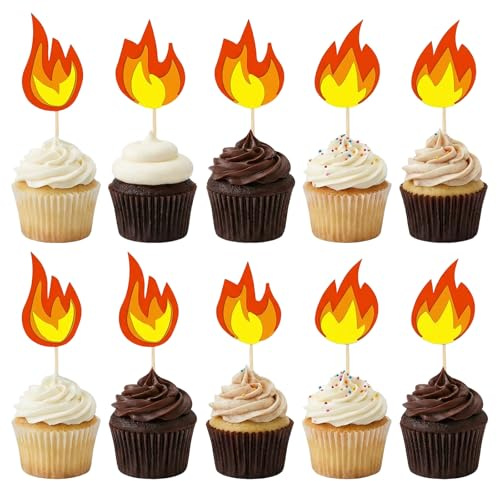 Fsahiuf ﻿50 Stück Flammen Tortendeko,Feuerwehrmann Geburtstag Kuchen Dekorationen,Feuerwehrauto Cake Kuchen Muffin Topper Deko,Feuerwehr Tischdeko Kindergeburtstag Party Dekorationen für Kinder