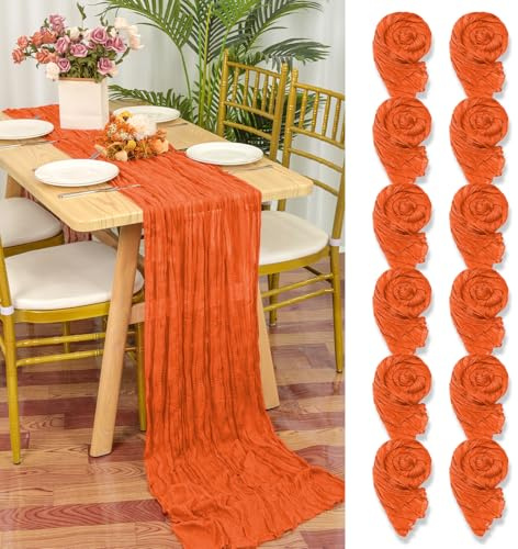 12 Stück Seihtuch Tischläufer Orange,55 x 300 cm Rustikaler Gaze Stoff Boho Tischläufer Käsetuch Cheesecloth Tischläufer Hochzeit Tischdecke für Hochzeitsfeier Brautparty Tischdekoration