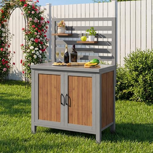 Merax Gartenschrank Massivholz, Outdoor Schrank mit großer Edelstahl-Arbeitsfläche, Doppeltür, verstellbaren Regalen, Hängeregal, wetterfest Balkonschrank Terrassenschrank Grillstation, Natur & Grau