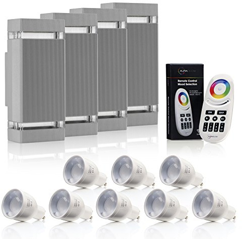 Auraglow RF Remote Control Colour Changing LED Double Up & Down Outdoor Wall Light - Silver - 4 Pack
