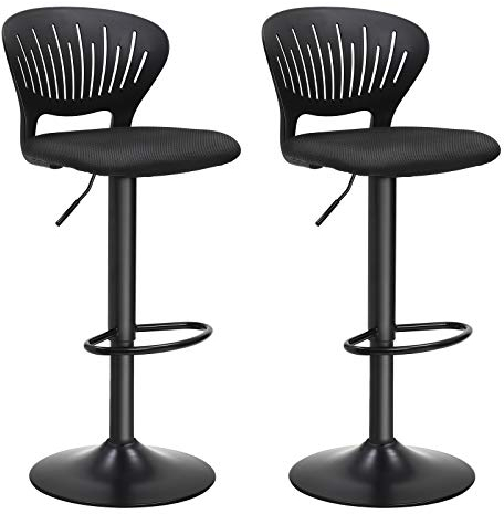 SONGMICS Tabouret Bar, Lot de 2, Chaise Bar, Chaise Haute Cuisine, Siège, Réglable en Hauteur, avec Dossier Incurvé, Assise Rembourrée, Repose-Pieds, Toile Respirant, Pivotant à 360°, Noir LJB04BK