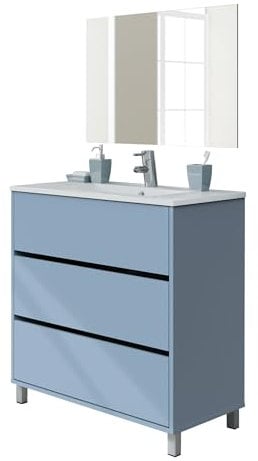 Muebles Pitarch | Conjunto Mueble de Baño con Espejo incluido, Azul, 3 Cajones, 80cm, ancho con Patas, para Lavabo encastrado, estilo Moderno modelo Kalma